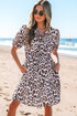 Brown Leopard Tied Front Keyhole Puff Short Sleeve Mini Dress